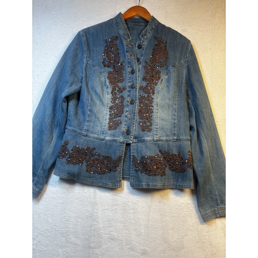 Coldwater Creek Denim‎ Jean Jacket Embellished Bronze Bling Rhinestones Medium